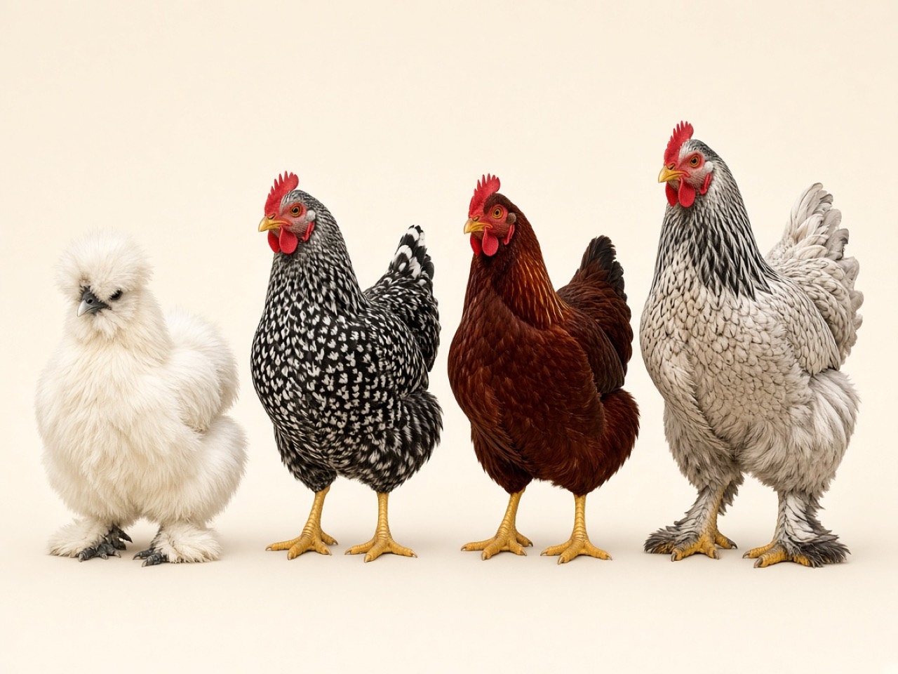 Four chicken breeds side by side on a cream background: a fluffy white Silkie, a speckled Plymouth Rock, a mahogany Rhode Island Red and a tall grey Brahma