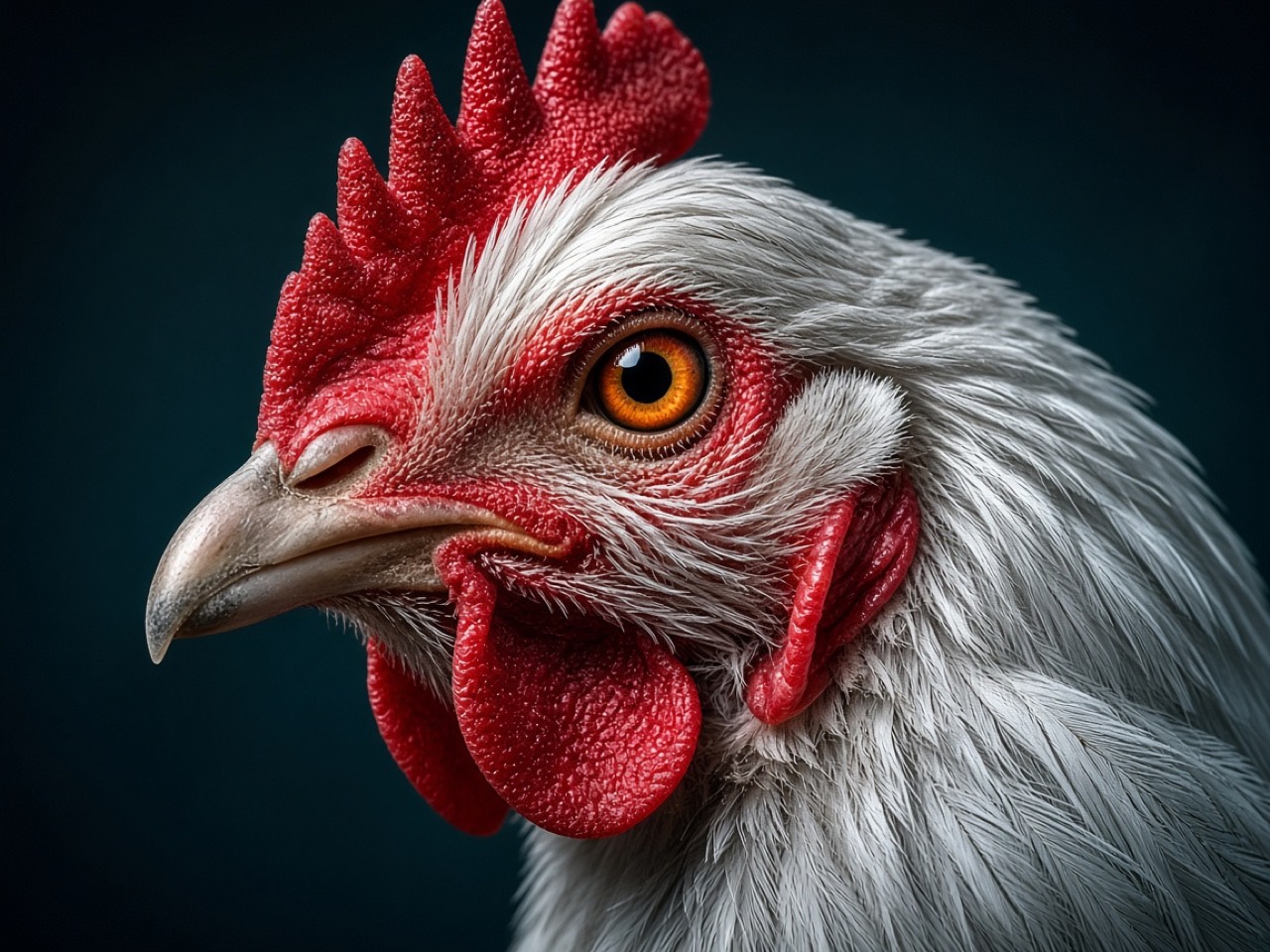 Dramatic close-up portrait of a white chicken's head in profile showing a bright amber eye and red comb