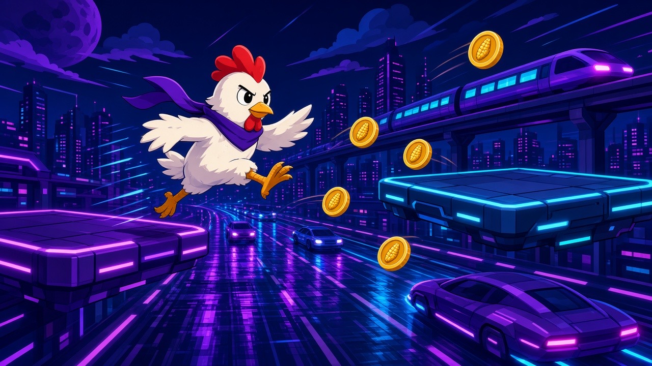 Neon night illustration of a cartoon chicken in a scarf leaping over a rain-slicked highway with hovering platforms, a monorail and floating corn coins