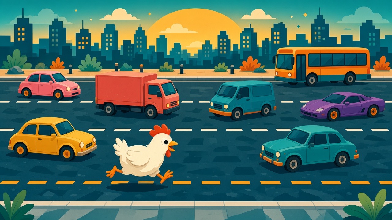 Illustration of a cartoon chicken crossing a busy multi-lane road